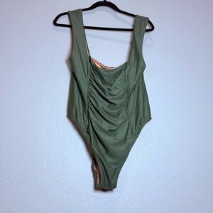 J. Crew Safari Green Ruched Square Neck One Piece UPF 50 Swimsuit Size 18